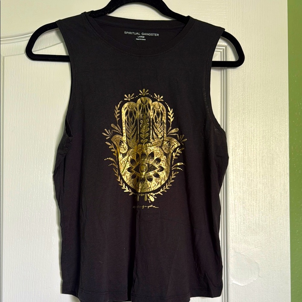 Spiritual Gangster Black Tank with Gold Hamsa NWOT Size L